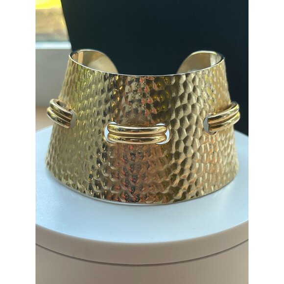 Hammered Gold Plated Ornate Design Cuff Vintage Thick Concave Bracelet Runway 80 - Picture 10 of 14